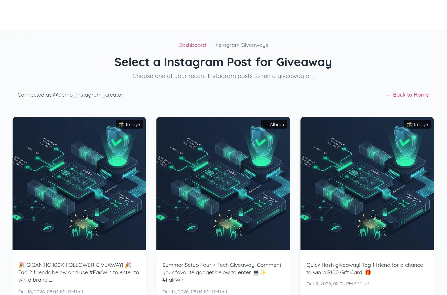 Selecting an Instagram post from connected creator account on Fair Giveaways