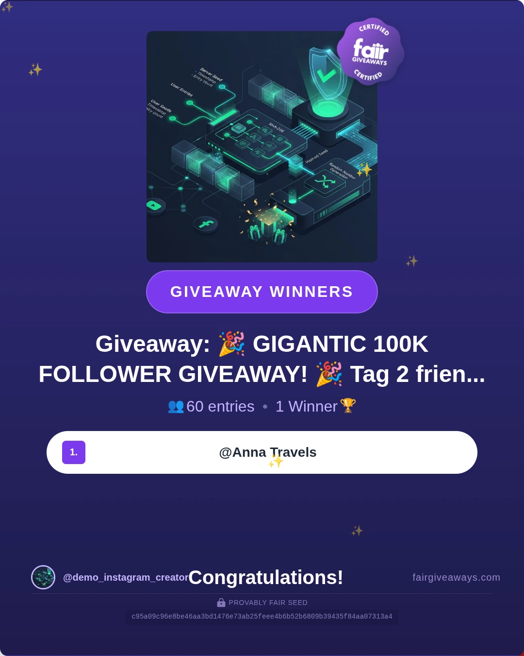 Exportable Instagram giveaway winner announcement social graphic with SHA-256 verification seed